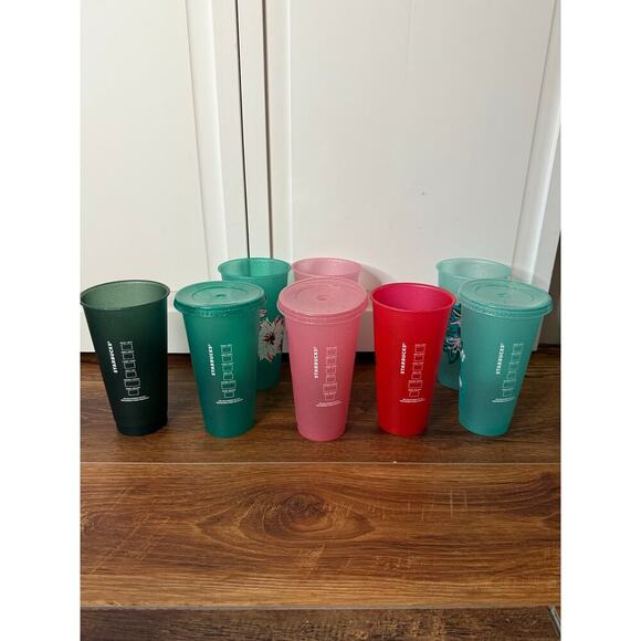 Starbucks 2022 Holiday Reusable Cold Cups 24 oz Set of 8 Cups 3 Lids - Picture 5 of 8